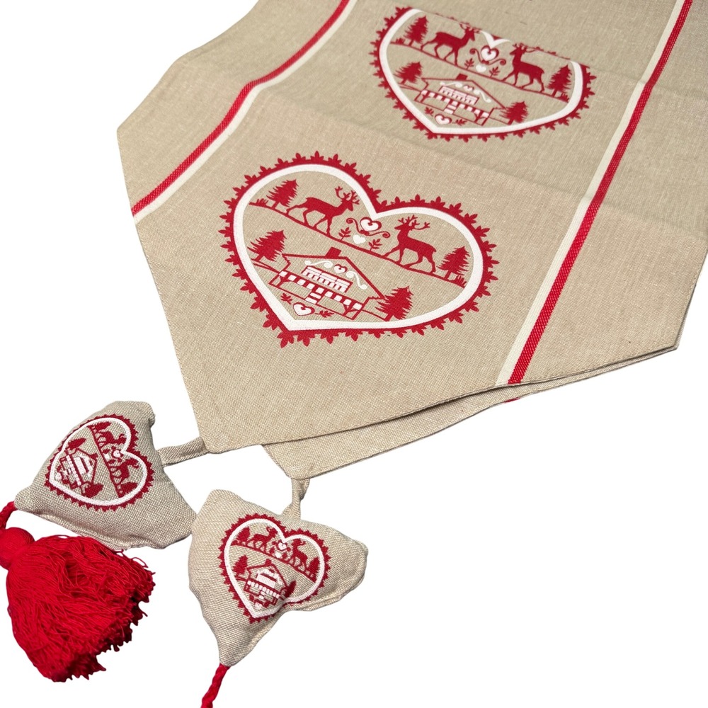 Deco Scandinavian Reindeer Heart Table Runner 40x150cm Chalet Cotton Tassels NEW